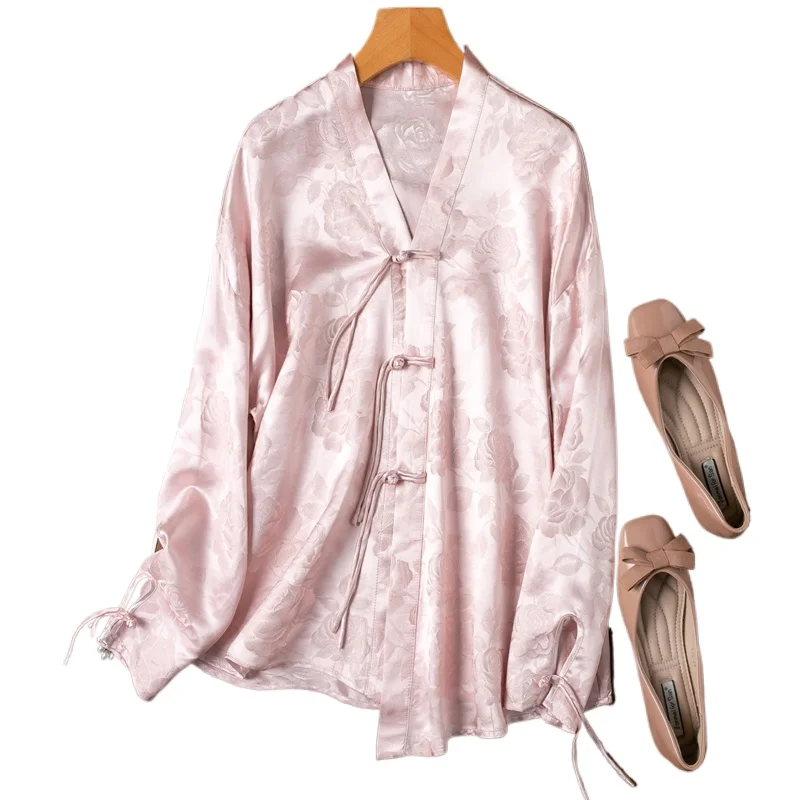 32MM Heavyweight 100% Natural Mulberry Silk Jacquard Satin Pink V-neck Off Shoulder Sleeves Irregular Hem Women's Fashion Shirt