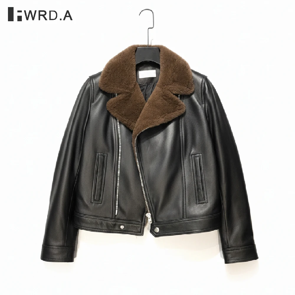FWRD Giacca da motociclista in pelle di agnello con collo in pelliccia di visone per donna Cappotto invernale imbottito slim fit Capispalla da moto in pelle calda Moda # FWRD8694