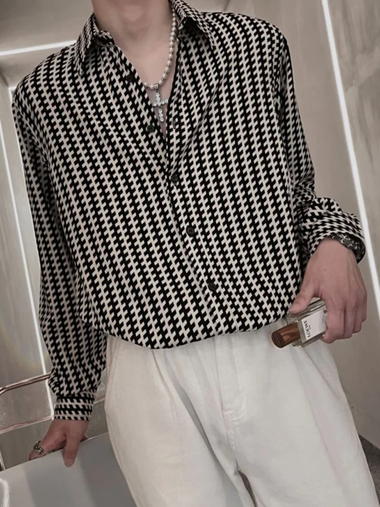 

Модная рубашка с длинным рукавом и отложным воротником, мужская винтажная полосатая рубашка с принтом, облегающий кардиган, топы, уличная одежда, мужские повседневные рубашки