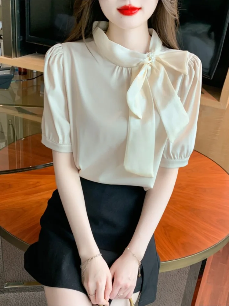 Fashion Bow Collar Apricot Chiffon Blouse Shirt Women Tops Blusas Mujer De Moda Verano Short Sleeve Blouse Women Blusa