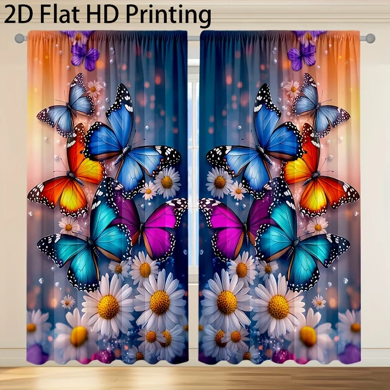 2pcs Curtains, Adorned with Vibrant Butterfly And Daisy Patterns, Suitable for Home Decor Or Office Embellishment