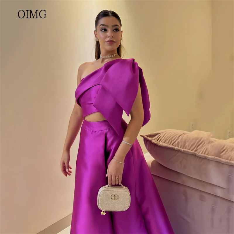 

OIMG Fuchsia High-Waisted A Line Prom Gowns Bow One Shoulder Party Gown Floor Length Evening Dress vestidos de gala Customized