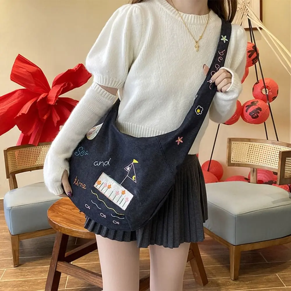 

Cloth Denim Canvas Bag Korean Style Retro Cartoon Pattern Shoulder Bag Large Capacity Geometric Embroidery Tote Bag Travel