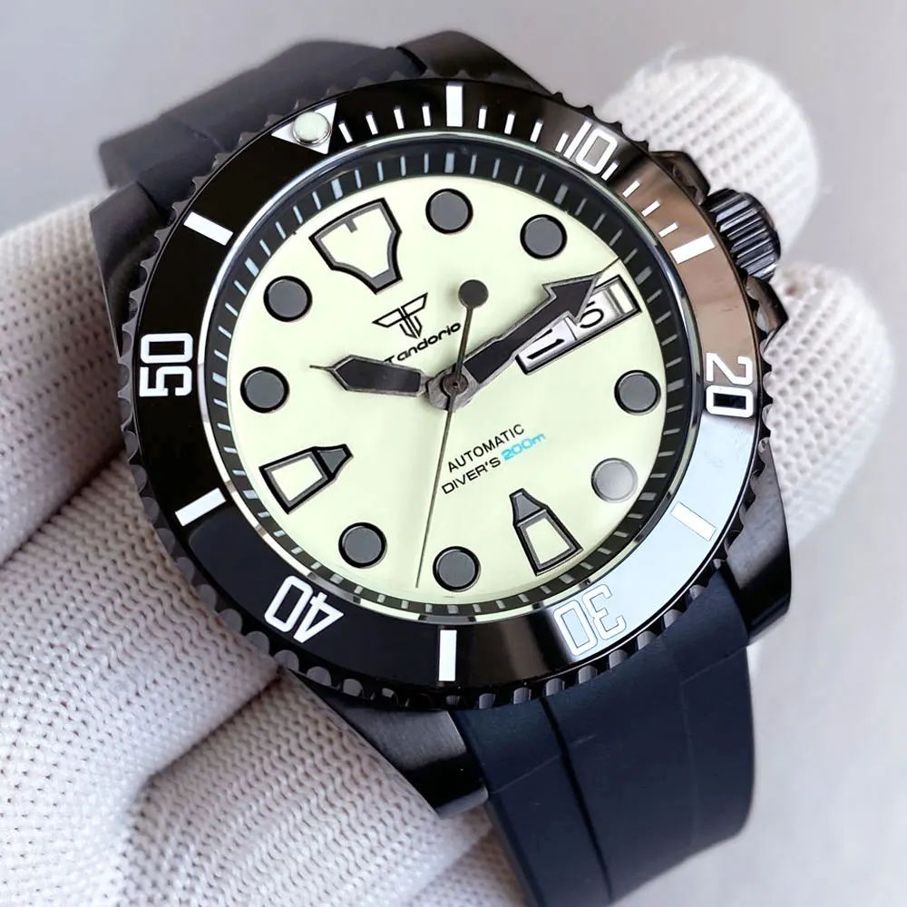 20ATM Diving Tandorio Full Luminous Dial Date Weekday Cute Indexes Black PVD Coated NH36 Automatic Men Watch Rubber Strap Buckle