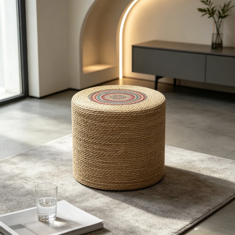 Woven Round Floor Cushion,Boho Decorative Seat Pad for Living Room, Straw Grass Pouf for Balcony, Entryway Shoe Changing Stool