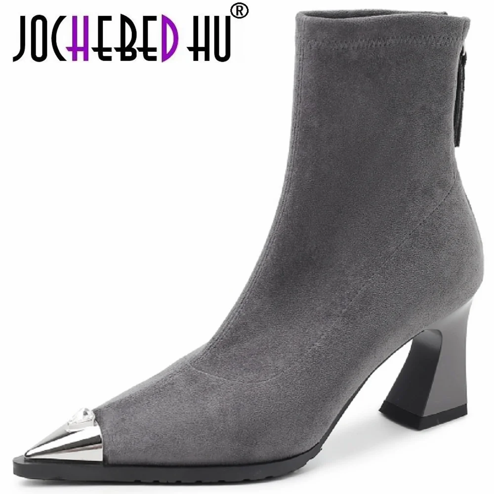 【JOCHEBED HU】أحذية نسائية قصيرة برأس معدني من الصوف بكعب عالٍ مرن للتخسيس حذاء من الجلد للخريف نمط جديد حذاء كاجوال 33-40 #1