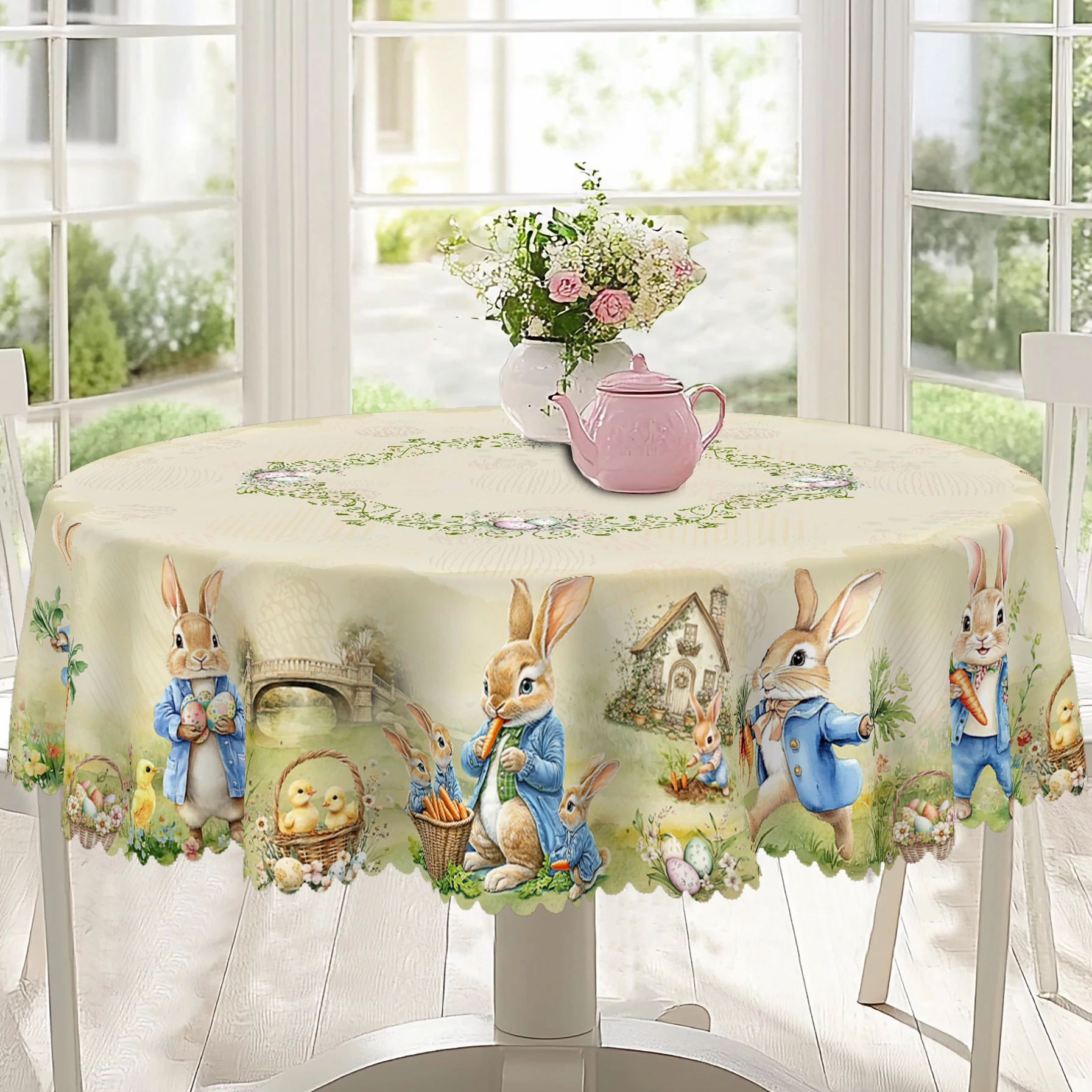 1 Piece of Retro Easter Bunny Round Tablecloth, 5 Sizes Available, Easter Bunny Egg Print Square Tablecloth, Edge Embossing Process, Wedding Decoration, Easter Spring Garden Tablecloth Decoration, Tablecloth for Daily Home Kitchen, Terrace, Easter Decoration