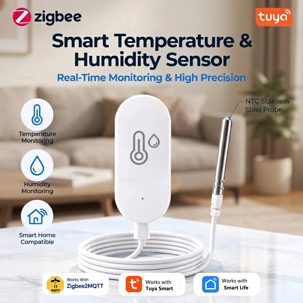 Zigbee Smart Temperature Humidity Sensor Thermometer With Probe Detect Pool Fridge Freeze Liquid Temperature Sensor,For Z2M TUYA