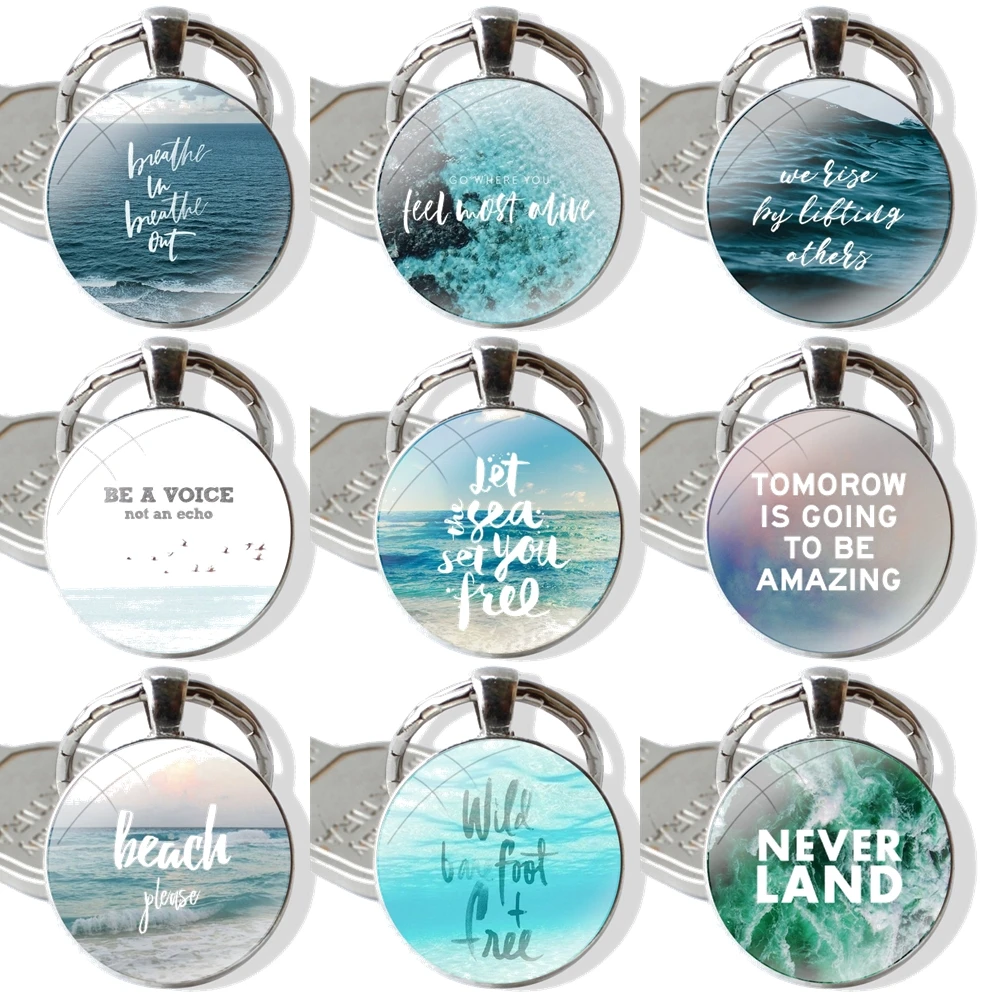 The Ocean Sea Wave quotes Keychain Glass Cabochon Metal Pendant Classic Men's Women's Keyring