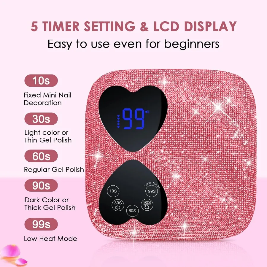 UV LED Nail Lamp Cordless 80W Rechargeable UV Light for Gel Nails with 5 Timers Mirror Base Professional Gel Light Dryer Sparkl