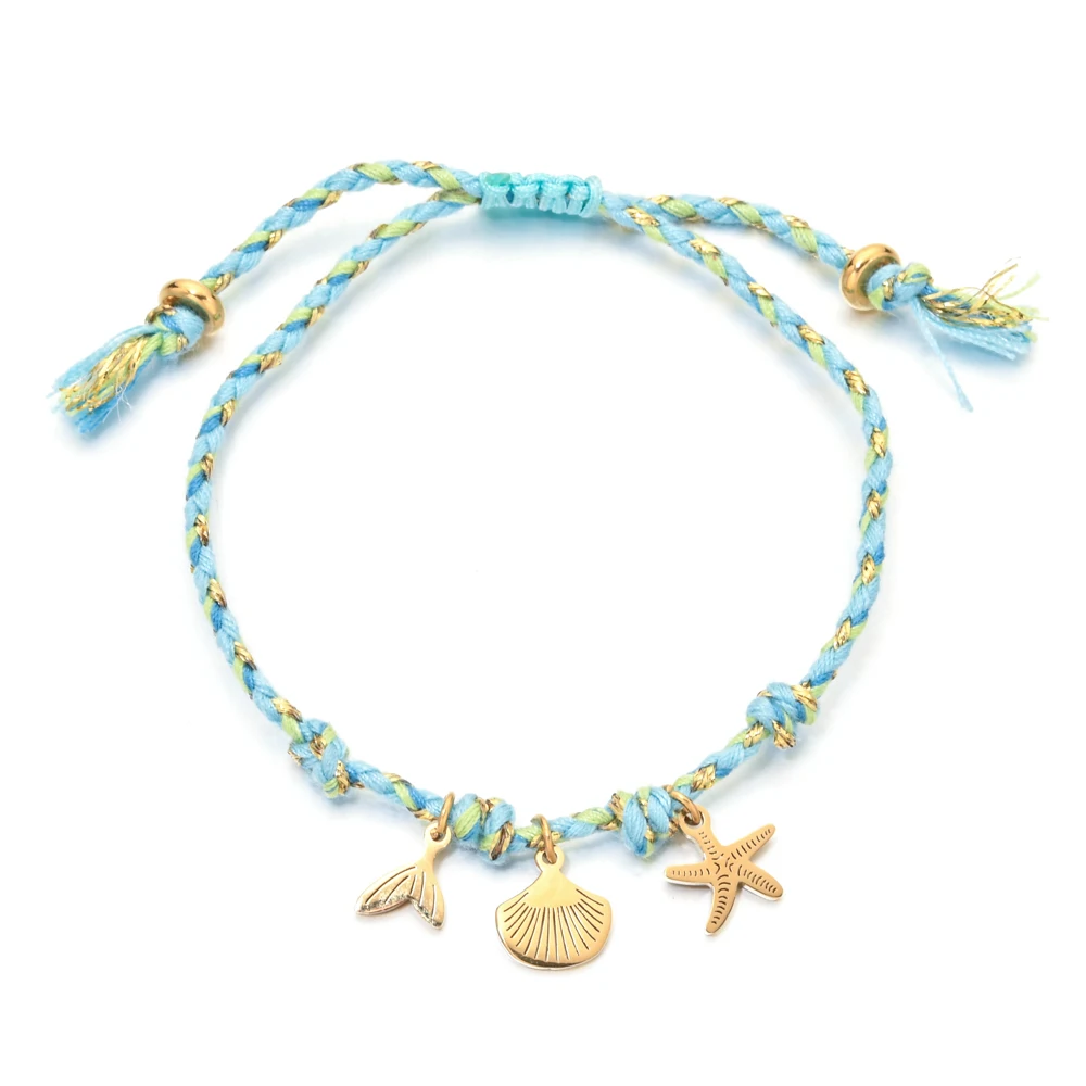 Blue Color Rope Shell Bracelet Women Girl Stainless Steel Jewelry Ocean Charm Fish Seaside Vacation Wholesale