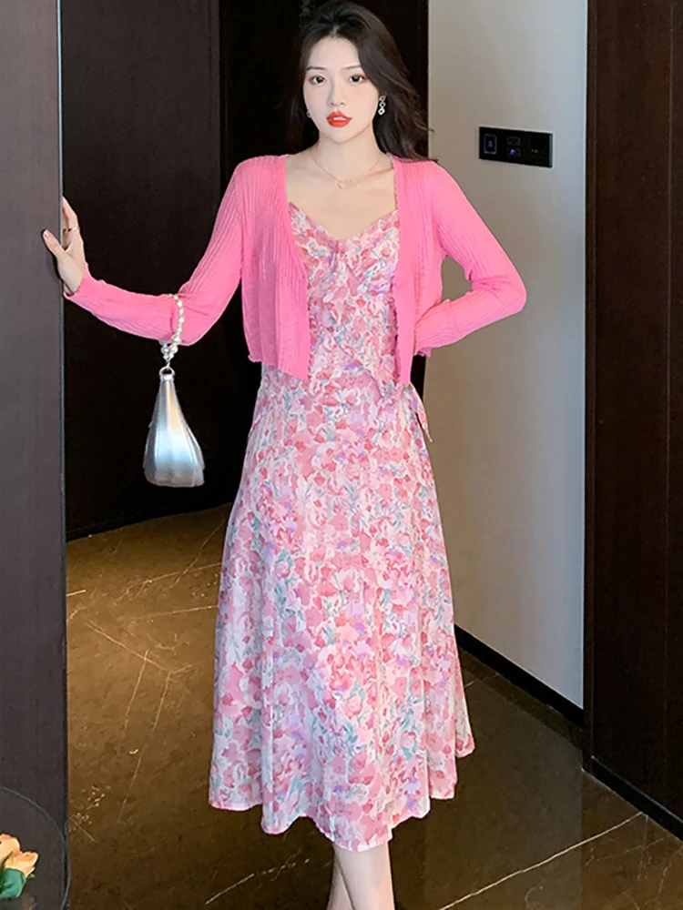 

2023 Pink Floral Chiffon Sling Long Dress Women Fashion Chic Elegant Casual Beach Sundress Summer Korean Bodycon Party Vestidos