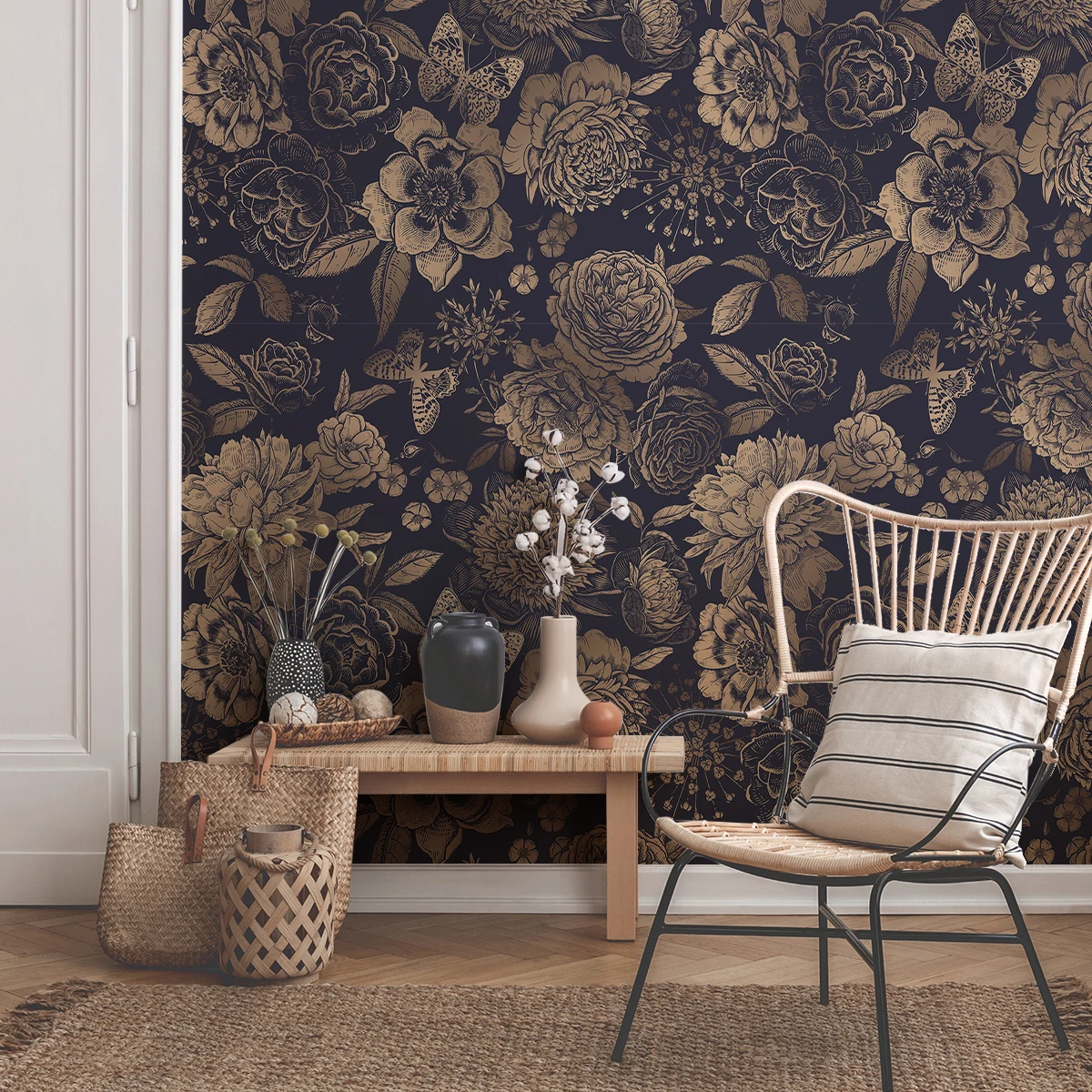 1 Set of 2PCS Flower Printed Patterns Thickened Moisture-proof Waterproof Wallpaper Self-adhesive Tear and Stick Wallpaper
