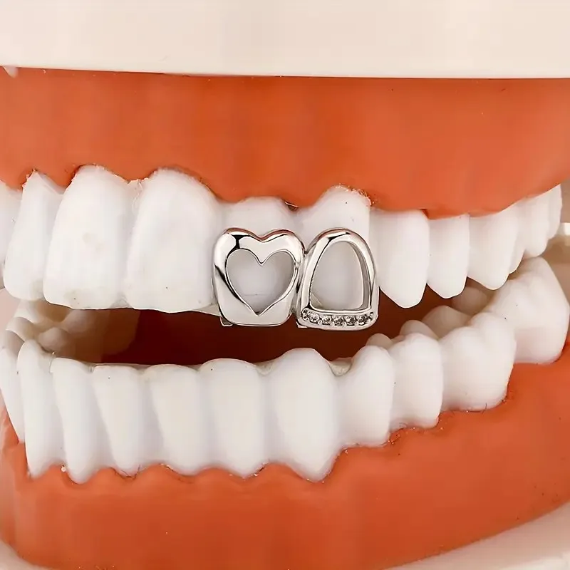 1pc Hollow Love Dual Splice Bracket-Cool Glossy Hip-Hop Style, Golden-Tone Metal Tooth Guard, Suitable for Streetwear and Party