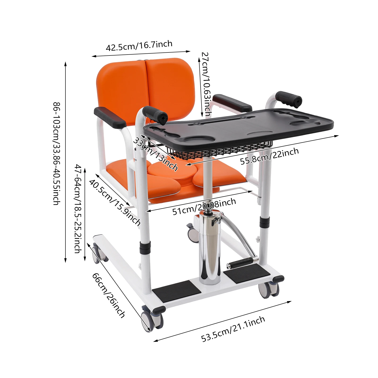 Hydraulischer Patientenlifter für den Heimgebrauch, tragbarer Transferstuhl mit 4 Universalrädern & 180°-Drehung ° Liegesessel, 150 kg Tragkraft, Pflegehilfe für Senioren (Schwarzes Display, gleiche Spezifikationen für Orange & Blau) – Detail 1