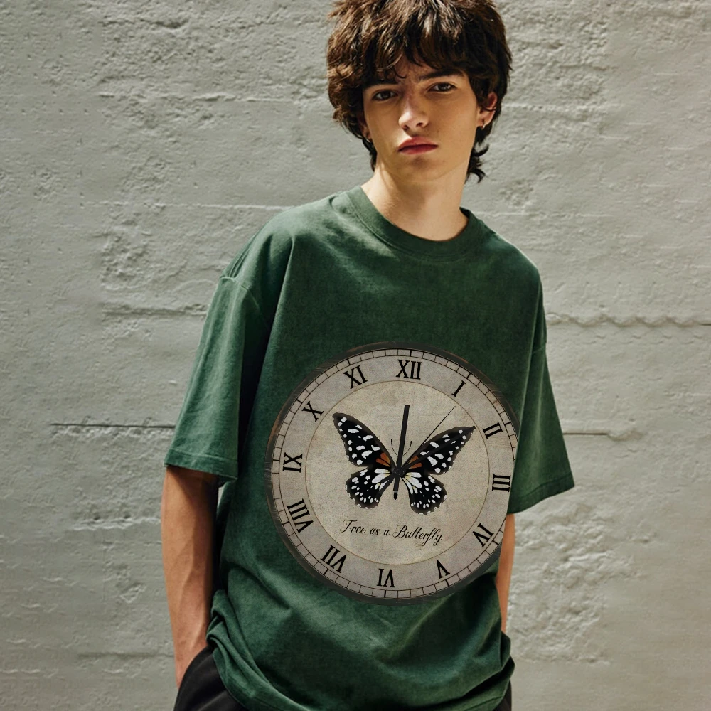 Y2k Graphic T-Shirt Butterfly Clock Artistic Tee Unique Vintage Design Soft Cotton Fabric Clothes Timeless Vibe Fashion T-Shirt