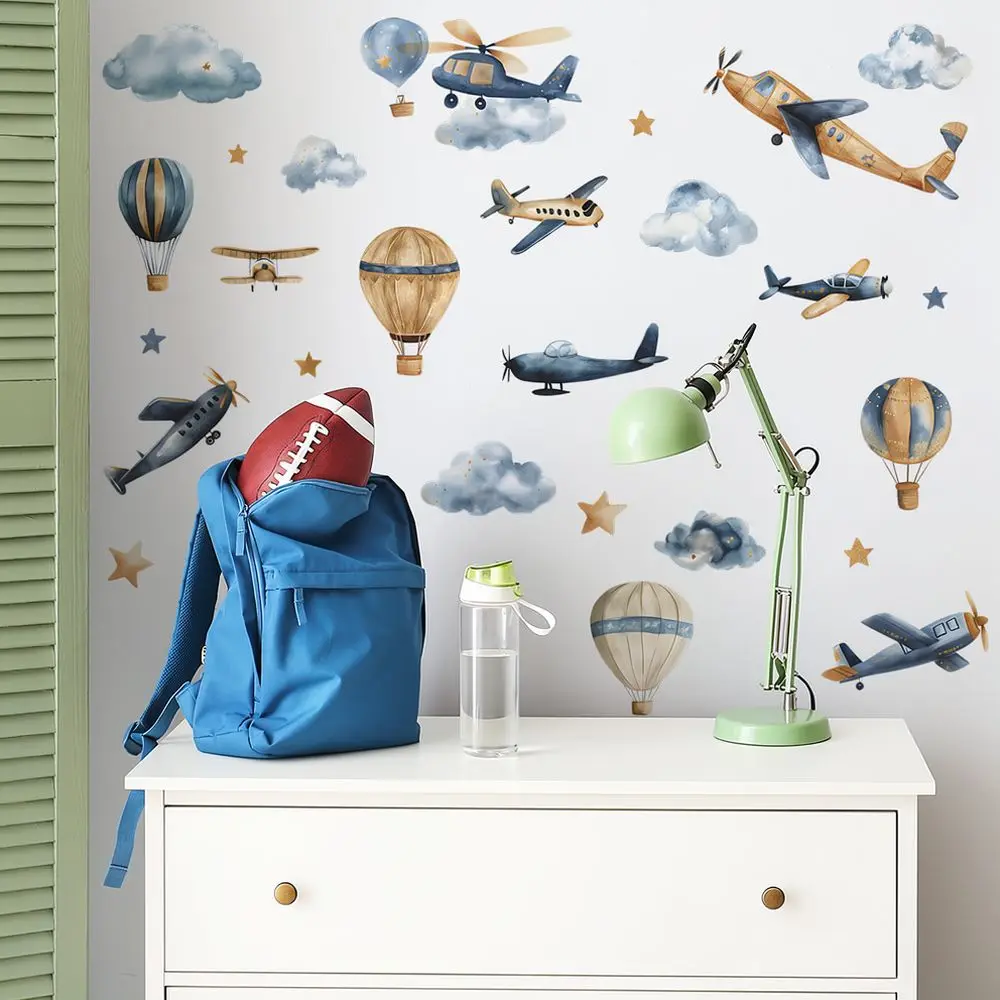 Self Adhesive Airplane Wall Decal Hot Air Balloon Cloud Sticker For Nursery Bedroom Living Room Home Interior Decor