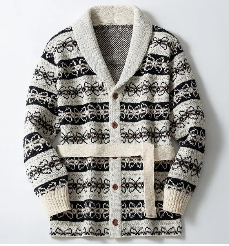 남성 카디건 중간 길이 코트 오픈 스티치 스웨터 턴 다운 칼라 싱글 브레스트 레이스 업 벨트 니트 두꺼운 코트 가을 겨울