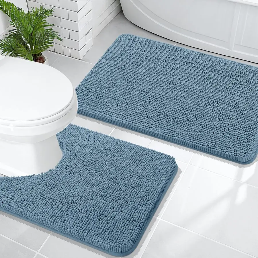 

Bathroom Rugs Sets 2 Piece, Soft Absorbent Chenille Bath Mats and UShaped Contour Toilet Mat Area Rug Set, Machine Washable Bath