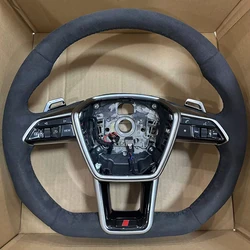 For Audi A6 C8 Heated Alcantara Leather White/Black Stitching Multifunction Steering Wheel Assembly