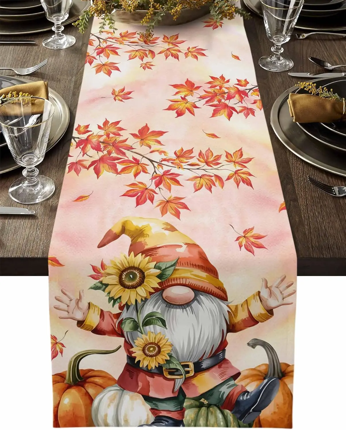 Fall Maple Leaves Gnome Linen Table Runner Thanksgiving Decorations Autumn Pumpkins Sunflowers Table Runners Holiday Party Decor