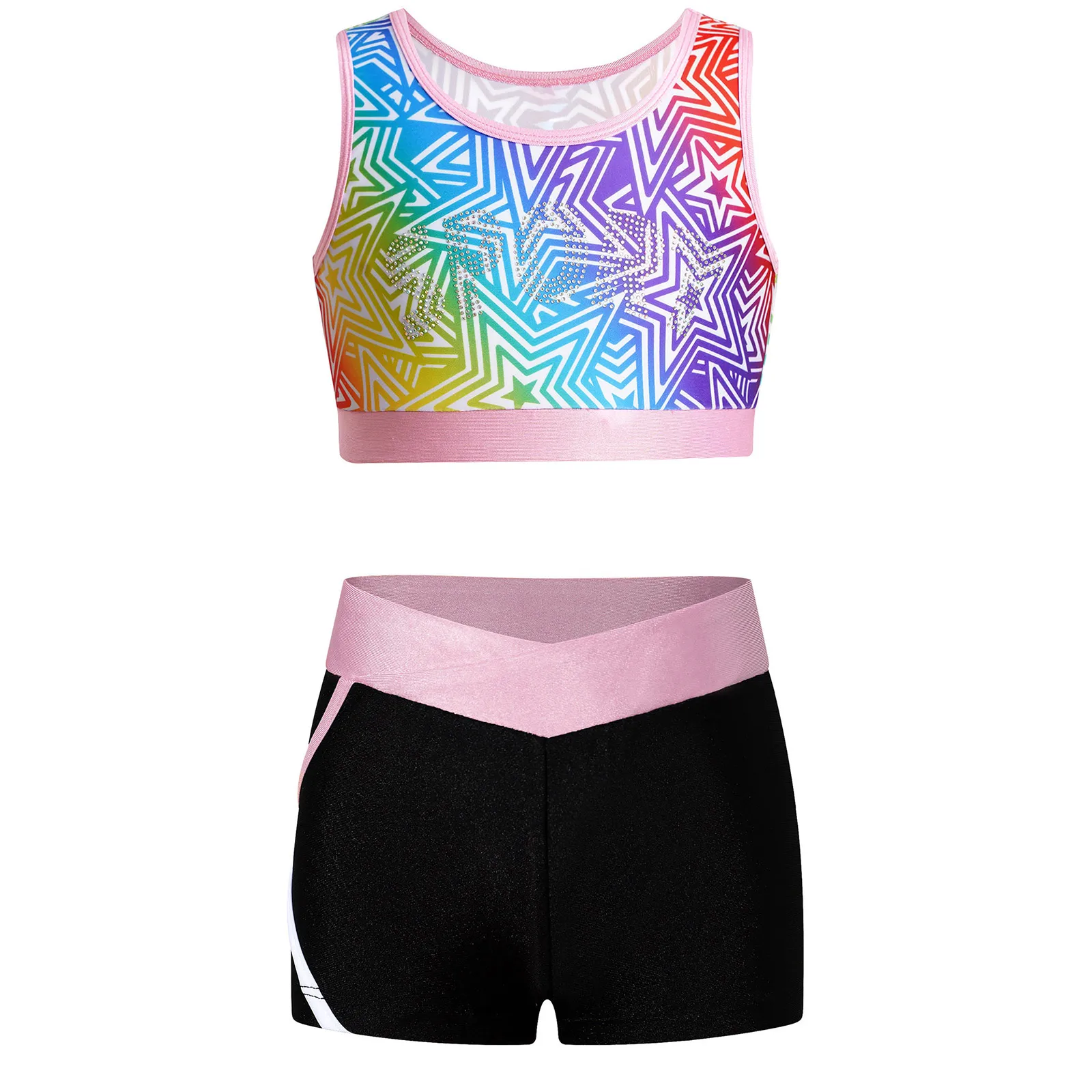 

Kids Girls Tennis Golf Athletic Vest Sleeveless Shiny Rhinestone Letters Star Printed Crop Top with Contrast Color Sport Shorts