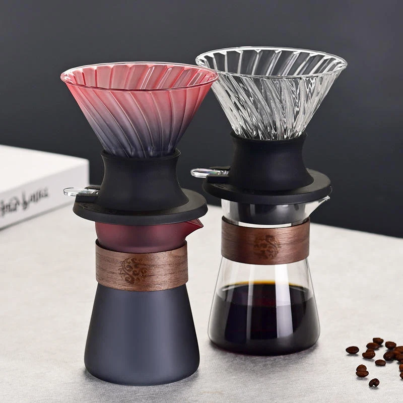 Pour Over Coffee Maker 600mL Borosilicate Glass Carafe with Glass Coffee Dripper Walnut Handle & Glass Lid Drip Coffee Maker Set