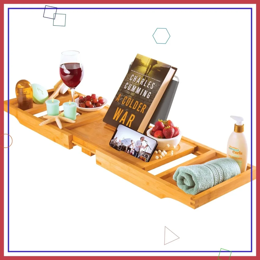 

Foldable Expandable Bamboo Bathtub Tray with Wine Holder, Book & Tablet Stand - Spa Bath Accessories for Women and Men