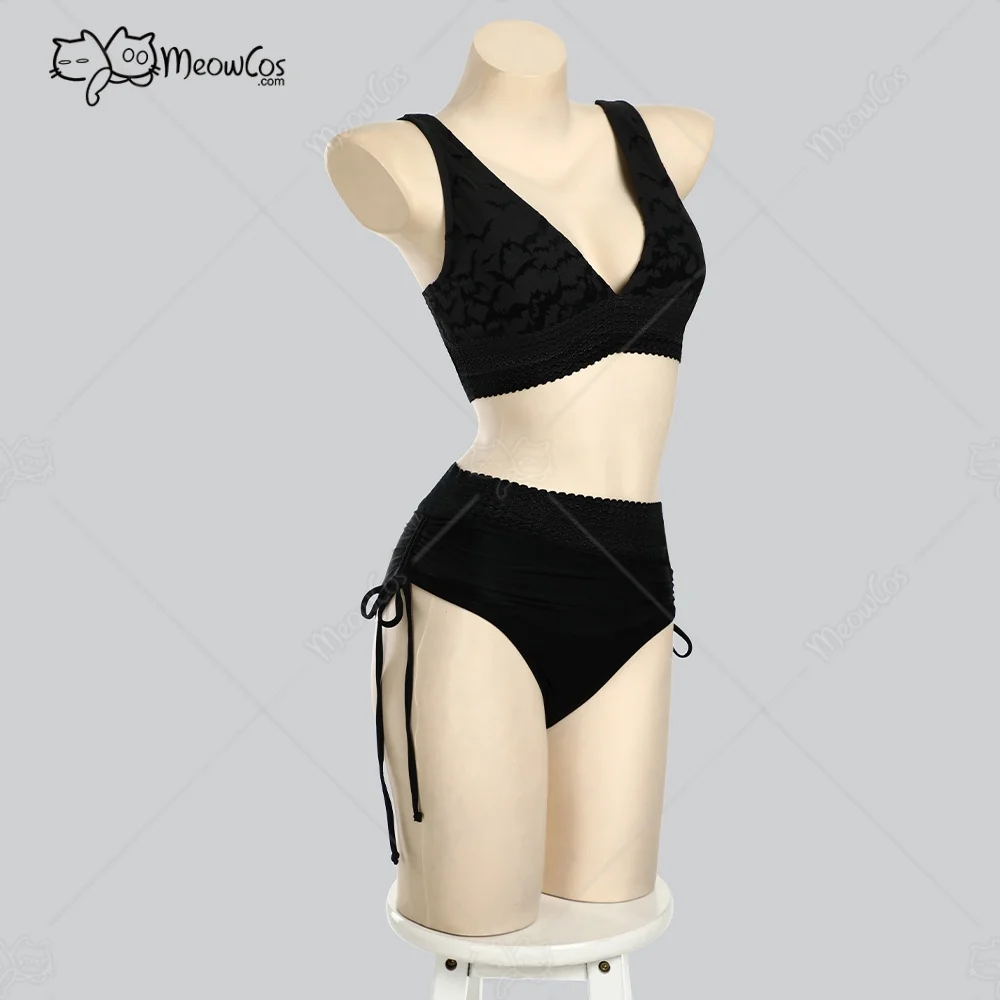 MEOWCOS Vrouwen Nachtelijke Golven Gothic Zwart Vleermuis Patroon Tweedelig Badpak Diepe V Top en Shorts Badpak
