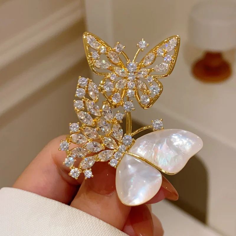 Gold Tone Butterfly Brooch Natural Shell Clear Zircon Lapel Pin Women Daily Accessory