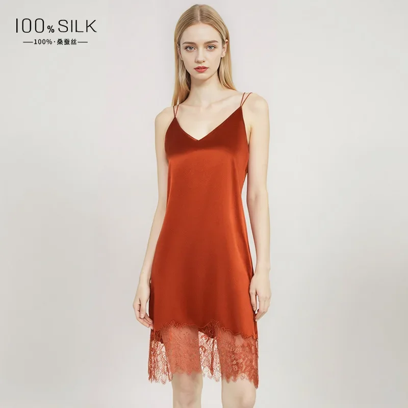 Summer 19MM 100% Mulberry Silk Sexy Lace Hem Nightdress Spaghetti Strap Chemise Dress Women's Nightwear Criss Cross Nightdress