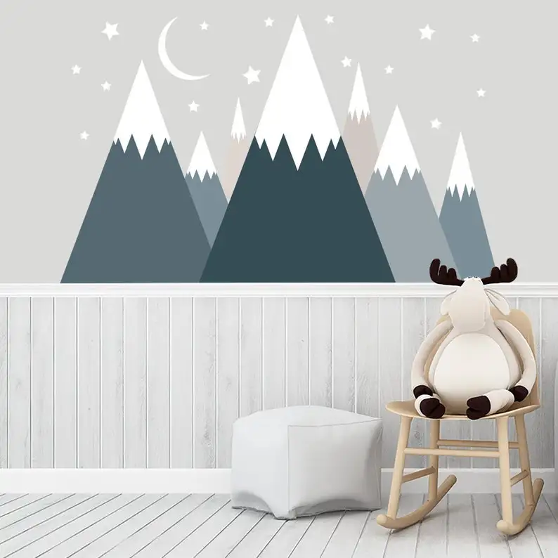 20% OFF.. Mountains Decor Baby Boy Nursery. Blue Mountain Wall Decal Art Above Crib Boys Bedroom. Stars Moon Sticker Stars Moon