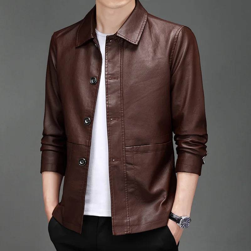 2024 Men's Autumn New Fashion Polo Collar Pu Leather Jacket