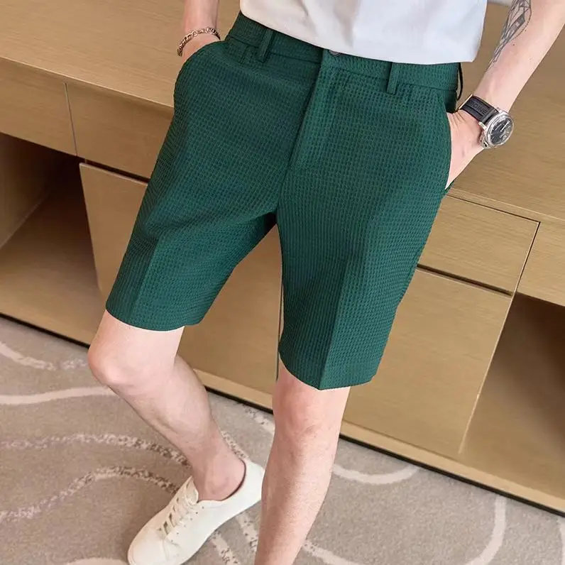 Sommer Männer Waffel dünne Kaffee Anzug Shorts Streetwear Mode männliche Kleidung koreanische lässige Tasche gerade 5 Punkte Eis kurze Hosen