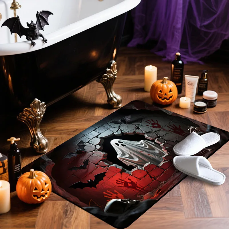 Halloween Ghost Doormat 3D Broken Wall Bat Print Area Rugs Living Room Spooky Holiday Decor Bathroom Kitchen Floor Mat
