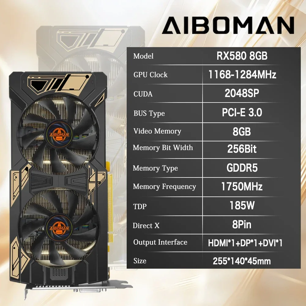 Aiboman Graphics Card Rx580 8Gb Gddr5 8Pin 185W 256Bit 2048Sp HDMI Dp Dvi Radeon Amd Vga