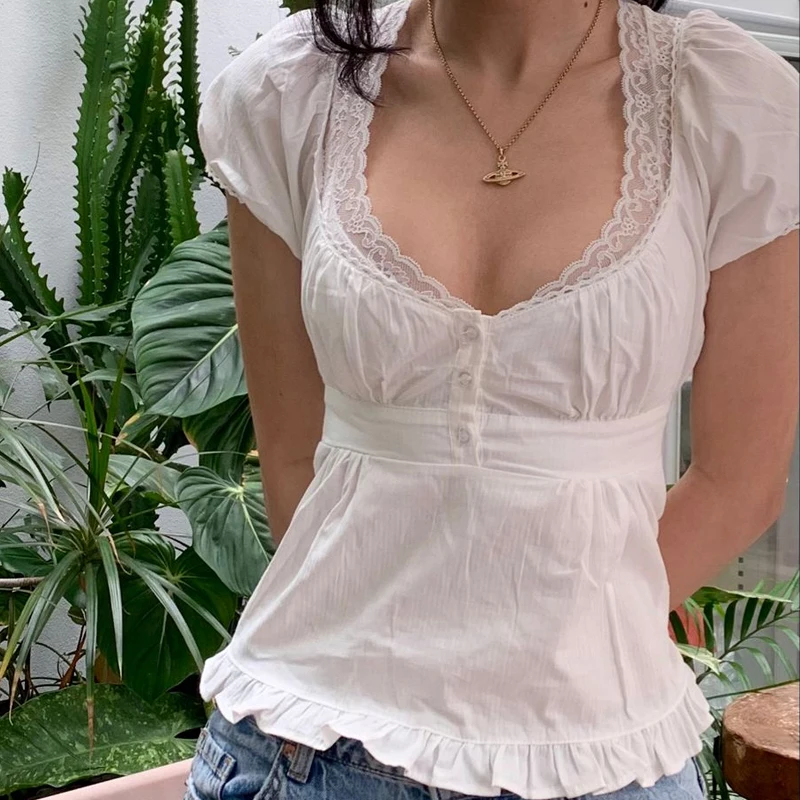 

Y2K Aesthetic Fairy Vintage T-shirt Kawaii Grunge Lace Crop Top Square Collar Short Sleeve Sweet Girl Miklmaid Tee Women Clothes