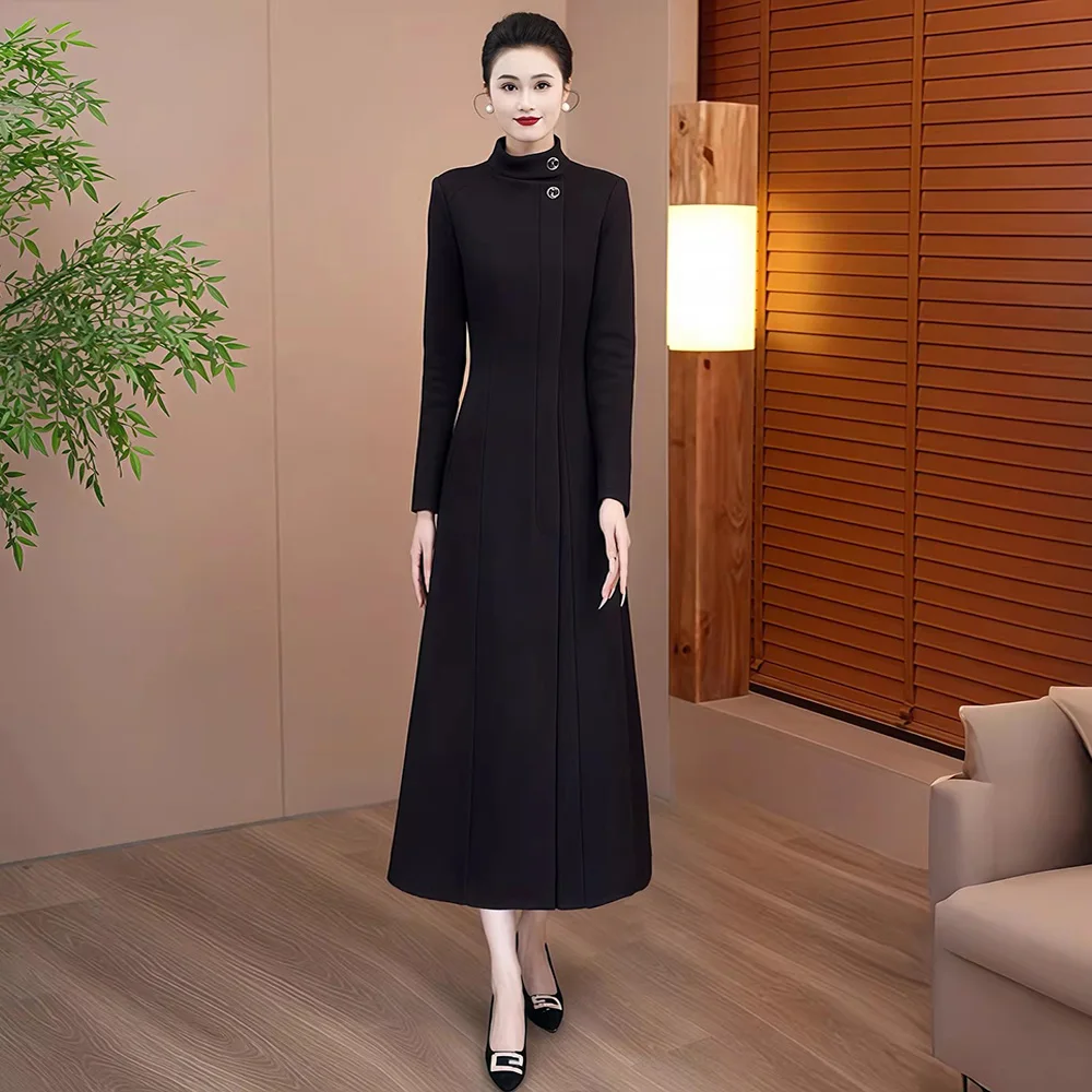 

New Women Simplicity Wool Blends Coat Spring Autumn Fashion Stand Collar Slim Waist Long Woolen Coat Elegant Black Purple Coat