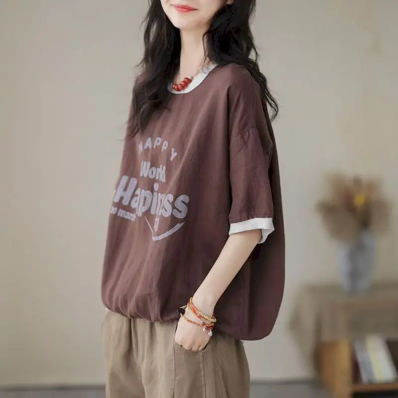 Cotton Linen T Shirt Women Fashion Vintage Short Sleeve T-shirt Casual Loose Letter Print Oversized Top Summer Trend Thin Tshirt