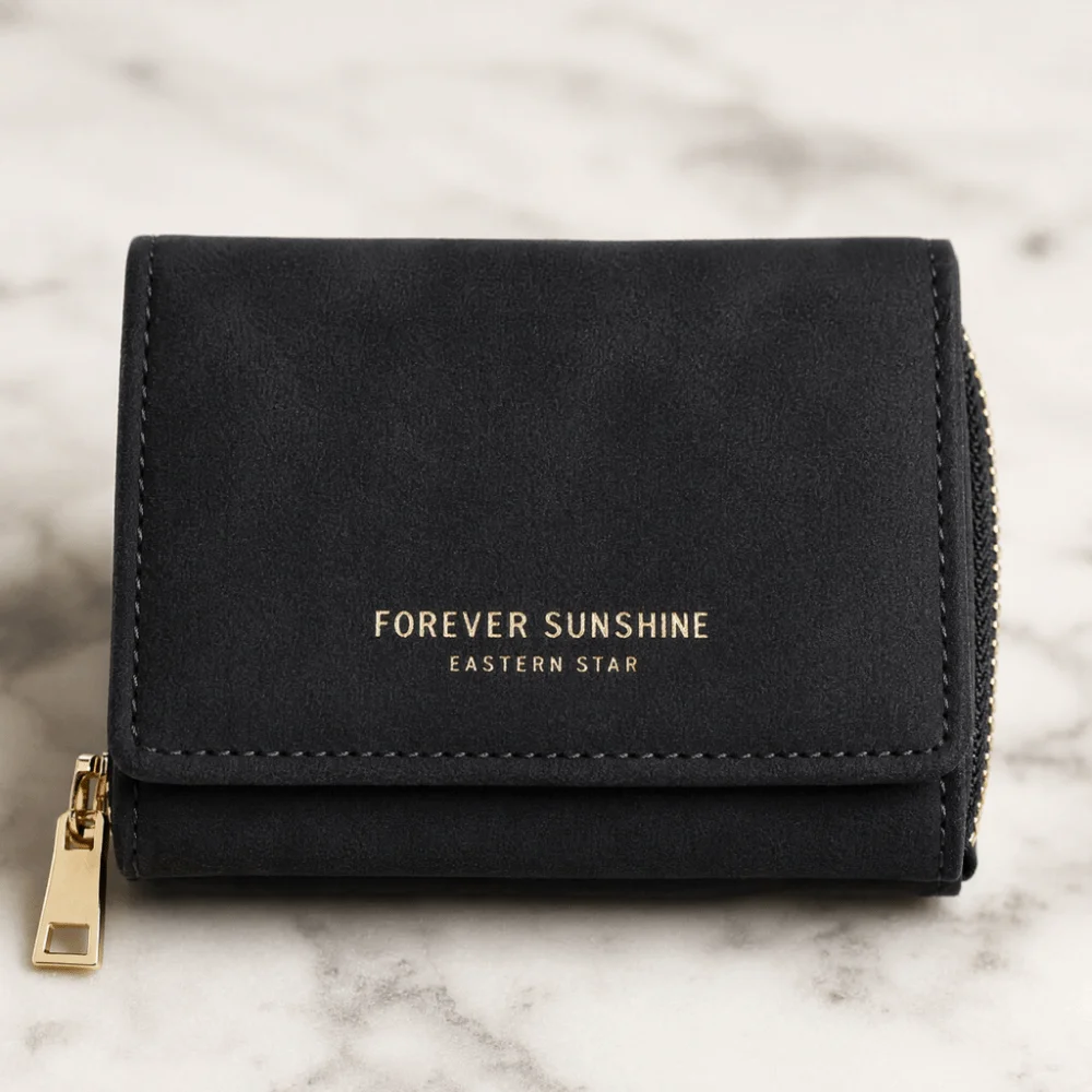 Fashion PU Leather Tri-fold Wallet for Women Velvet Zipper Closure Coin Purse Large Capacity Solid Color Makeup Bag Pouch Daily