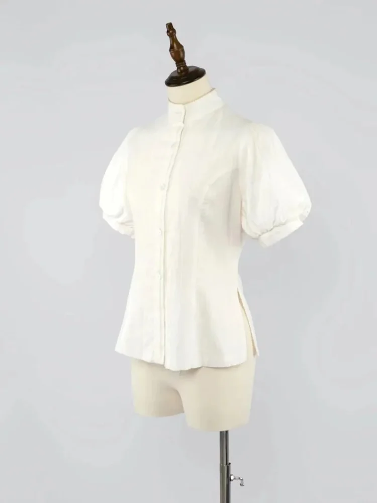 

Lolita Solid Short Sleeve Shirt Women Japanese Sweet Stand Collar Slim Split Top Vintage Versatile Y2k Aesthetic Blouse