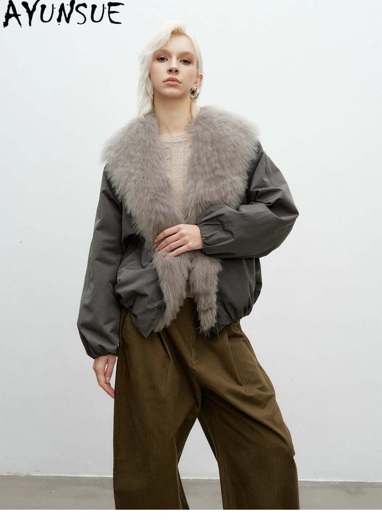 AYUNSUE White Goose Down Women Warm Winter Clothing Real Fox Fur Collar Down Jacket Loose Fit Fashion Short 2026 Пальто Женское
