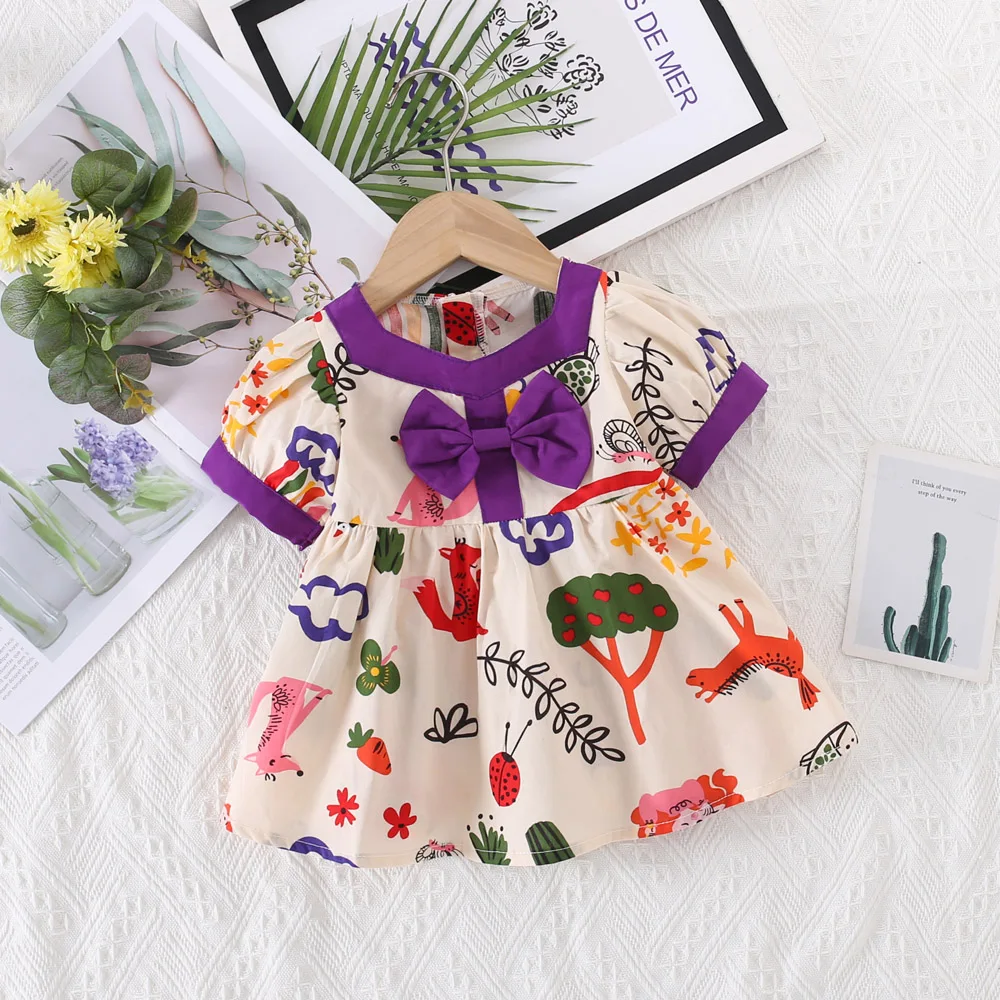 

Summer New Sweet Bow Baby Girl Dress, Colorful Graffiti Short Sleeved Children'S Clothing For 9 Months To 3 Years Old