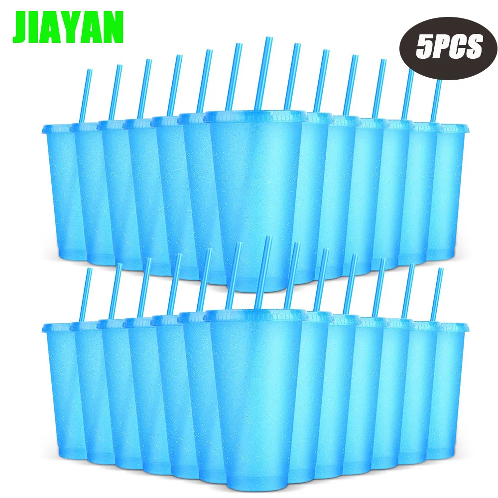 

JIAYAN 5pcs plastic cups with lids straws reusable glitter sequin cups large capacity pp plastic straw cups wholesale available