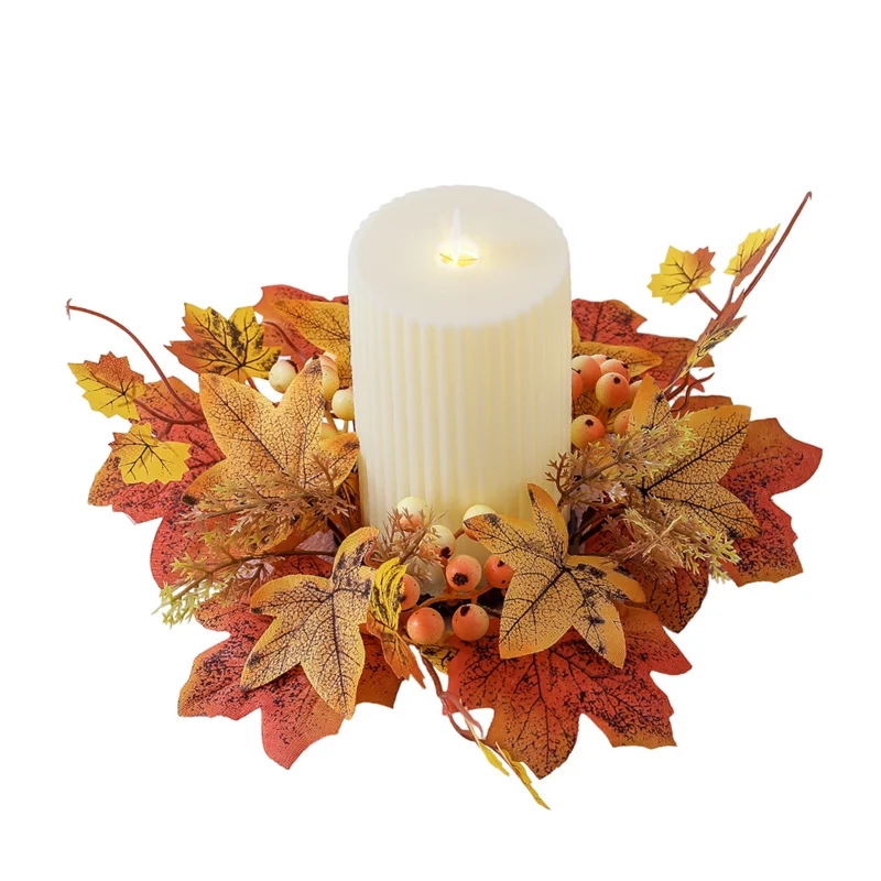 1x Artifical Maple Leaf Candle Holder Wreath Autumn Harvest Thanksgiving Halloween Party Desktop Decoration Fake Maple Ornaments