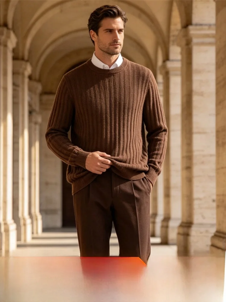 Italian Style Minimalist Knitted Men's Fashionable High-end Sweater Vertical Stripe New Autumn Winter round Neck Long Sleeve