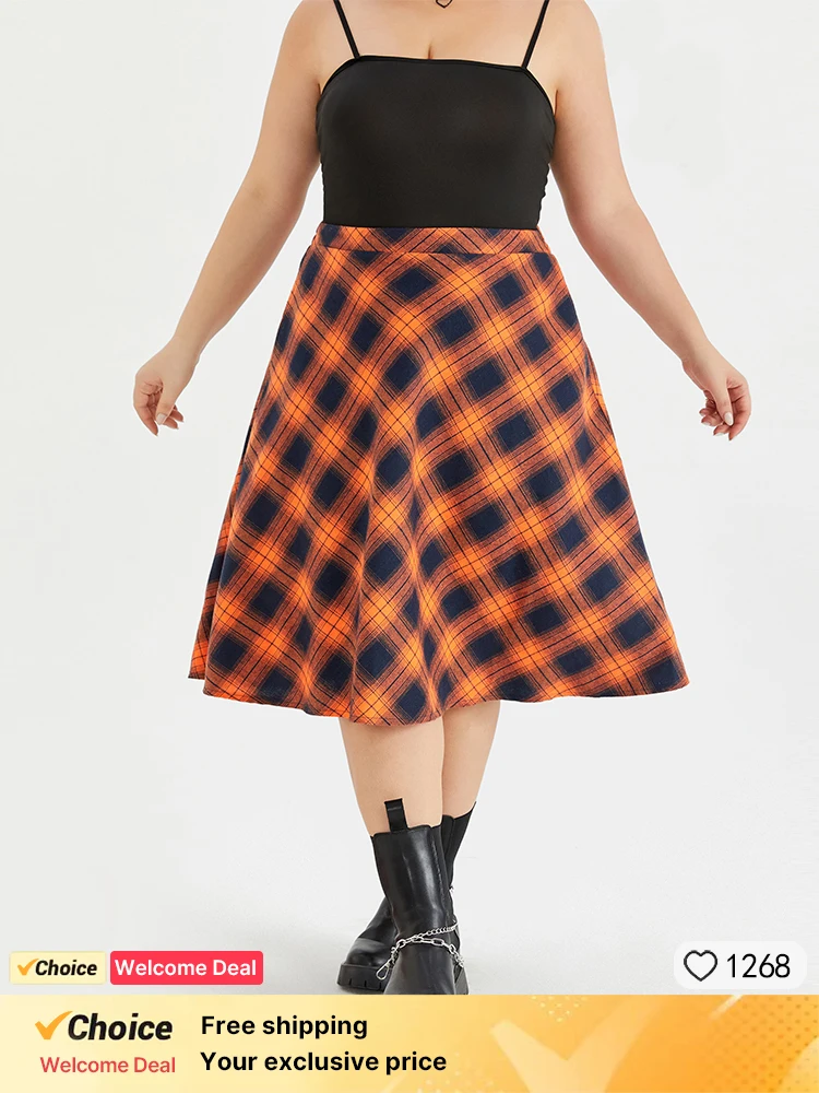 

Plus Sized Clothing Women Plaid Printed Skirt Women's High Elastic Waisted A-Line Skirt Female Elegant Party Midi Skirt