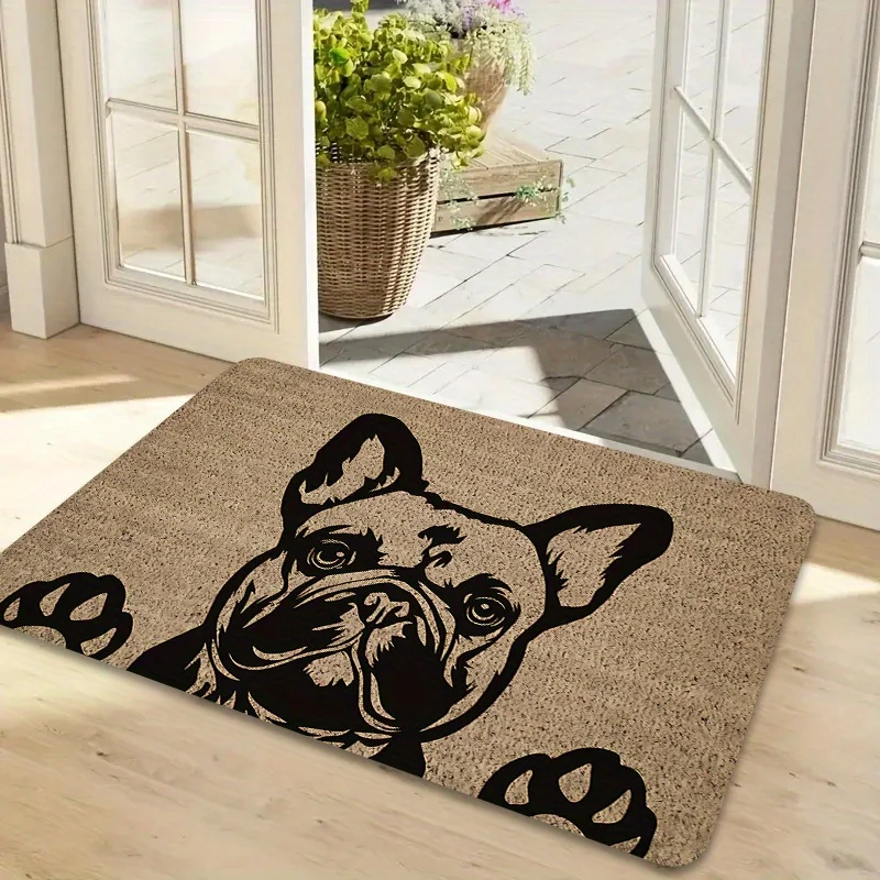 1pc Modern French Bulldog Outdoor Doormat, Flannel Material, Thick Plush - Sponge Thickness 0.4 Inch / 1.28 LB Per Square Meter, Urban Visual Symbols
