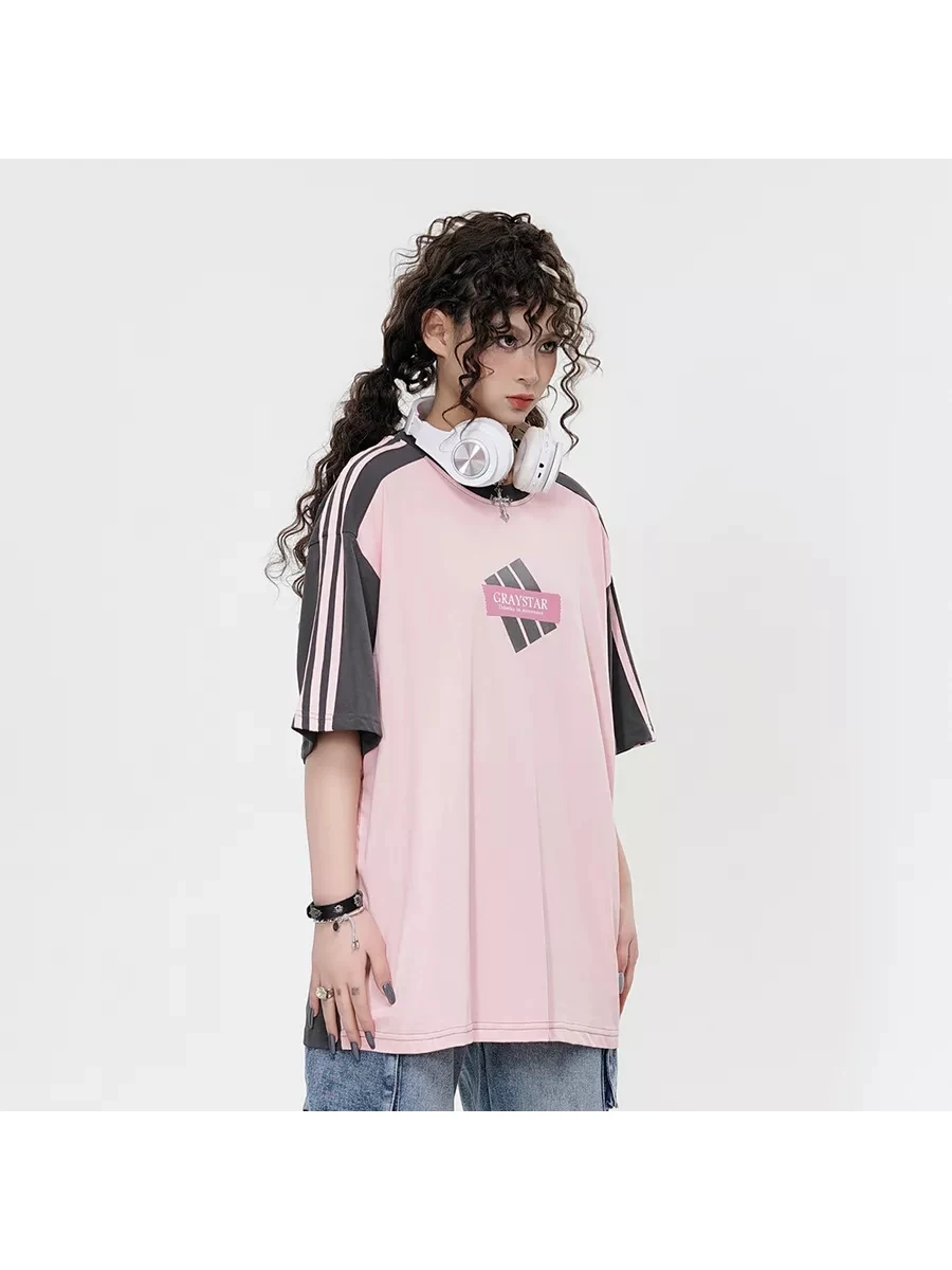 

Women's Y2k Fashion Short Sleeve Splicing striped loose short sleeved T-shirt racing suit couple half sleeved T-shirt