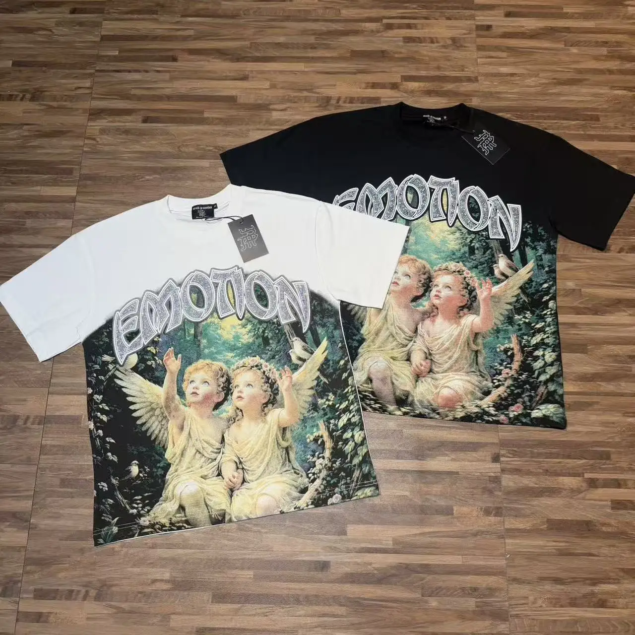 Mixed Emotion American Angel Print Cotton T-Shirt Loose Fit Short Sleeve Glitter Streetwear Vintage Trendy Brand Unisex T-Shirt